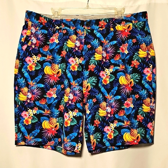 Hreski Mens "Tropical Fruits" Design on Black Stretch Golf Shorts Size 40 - Picture 1 of 4